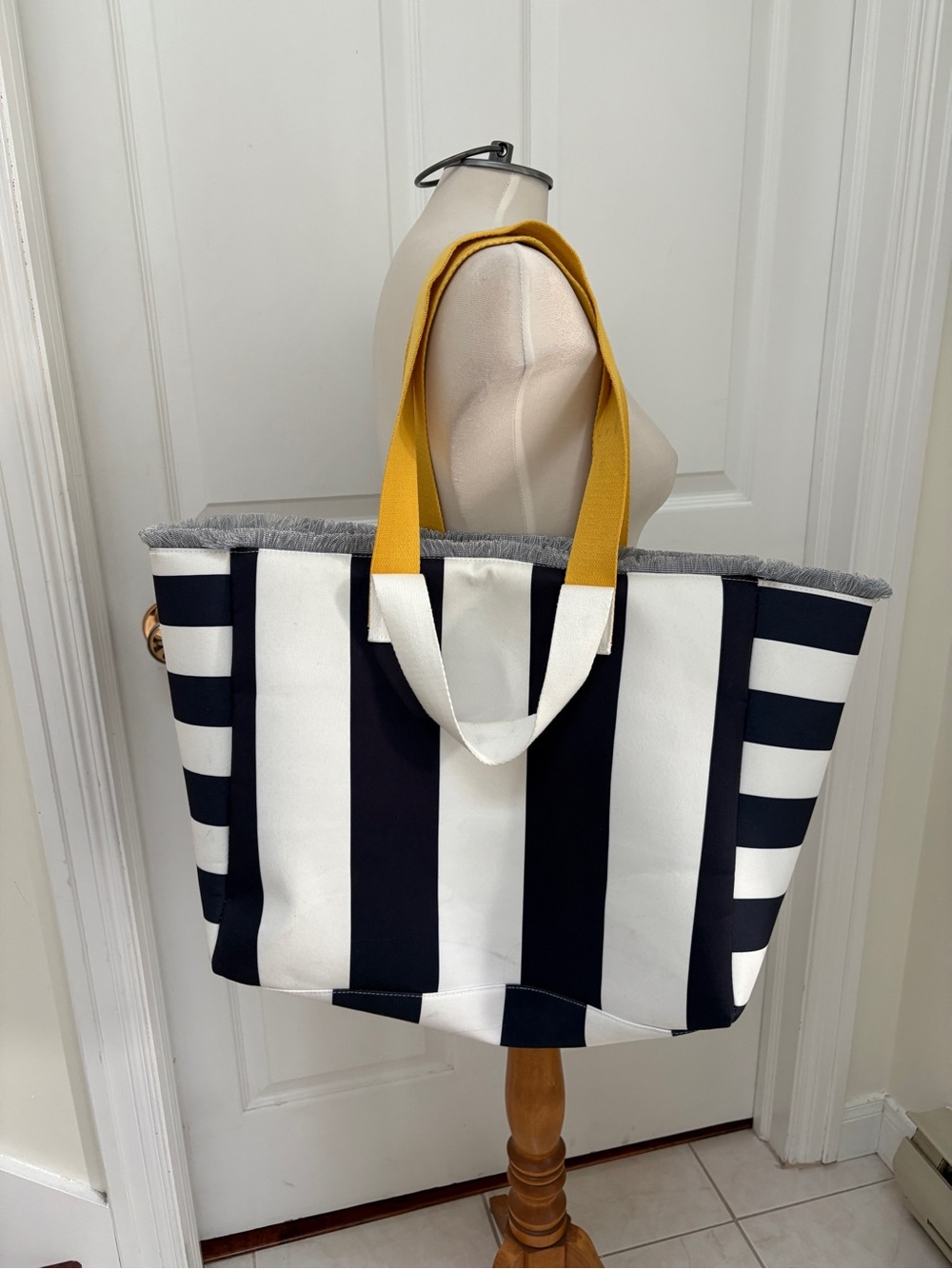 Striped Canvas Tote Bag with Yellow Handles